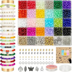 Sistenia 6mm Glass Beads Bracelet Making Kit 1400pcs, 24 Colors Crystal Beads for Jewelry Making Round Beads DIY Crafts with Spacer Beads Charms Accessories